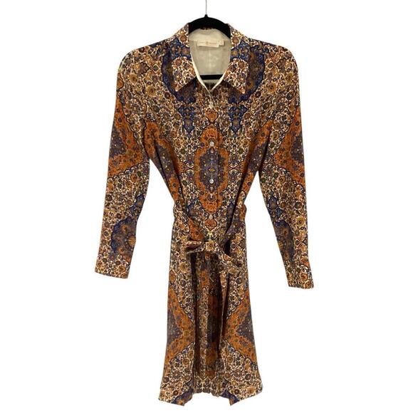 Tory Burch Soiree Pleated Silk Shirt Dress In Orange Soiree Blue Paisley Size 6 - Picture 4 of 15